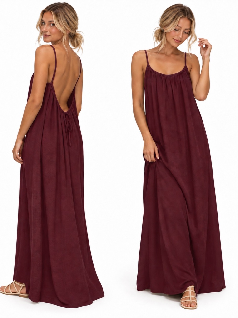 Women’s Burgundy Maxi Slip Dress - Sleeveless Scoop Back